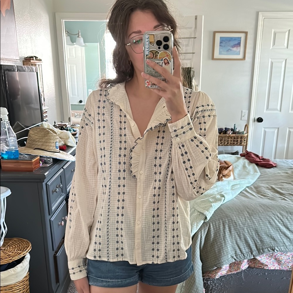 NWT Sézane Cream Long Sleeve Ruffled Sailor Collar Blouse US10/FR42